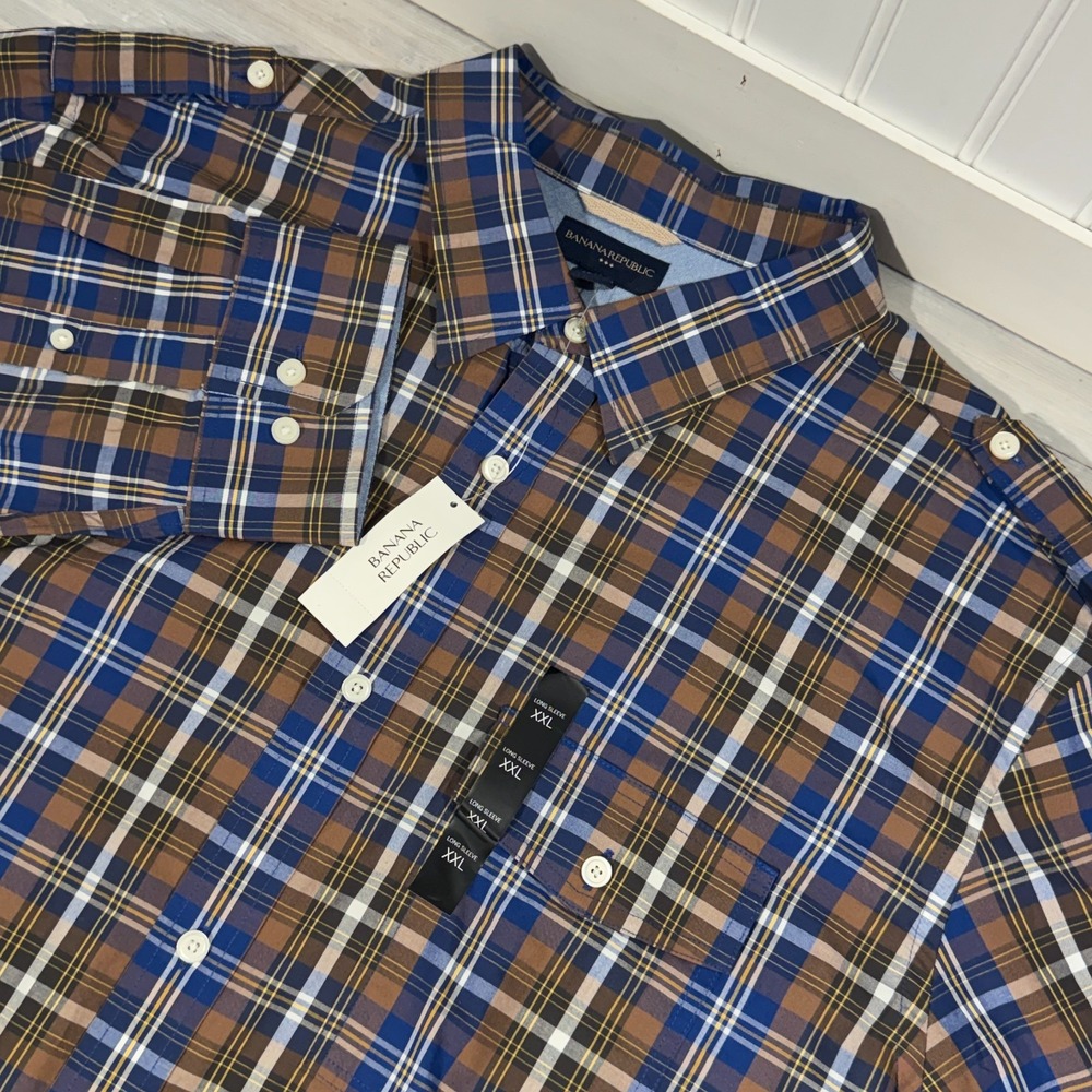 Banana Republic Shirt Men's XXL Button Down Stretch Shoulder Epaulets Plaid Blue